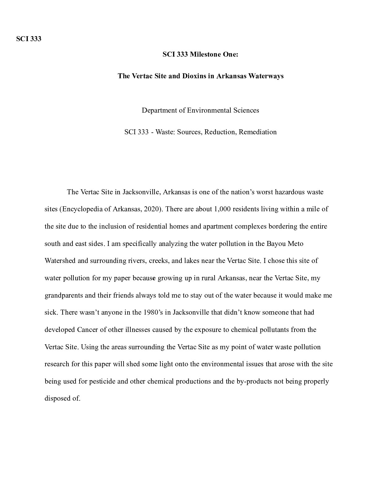 Preview image for Final Project Milestone One.docx    SCI 333  SCI 333 Milestone One:  The Vertac Site and D